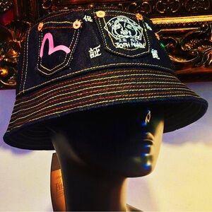 Evisu Multi-color Seagull Print Multi-Pockets Denim Bucket Hat NWT w Bag